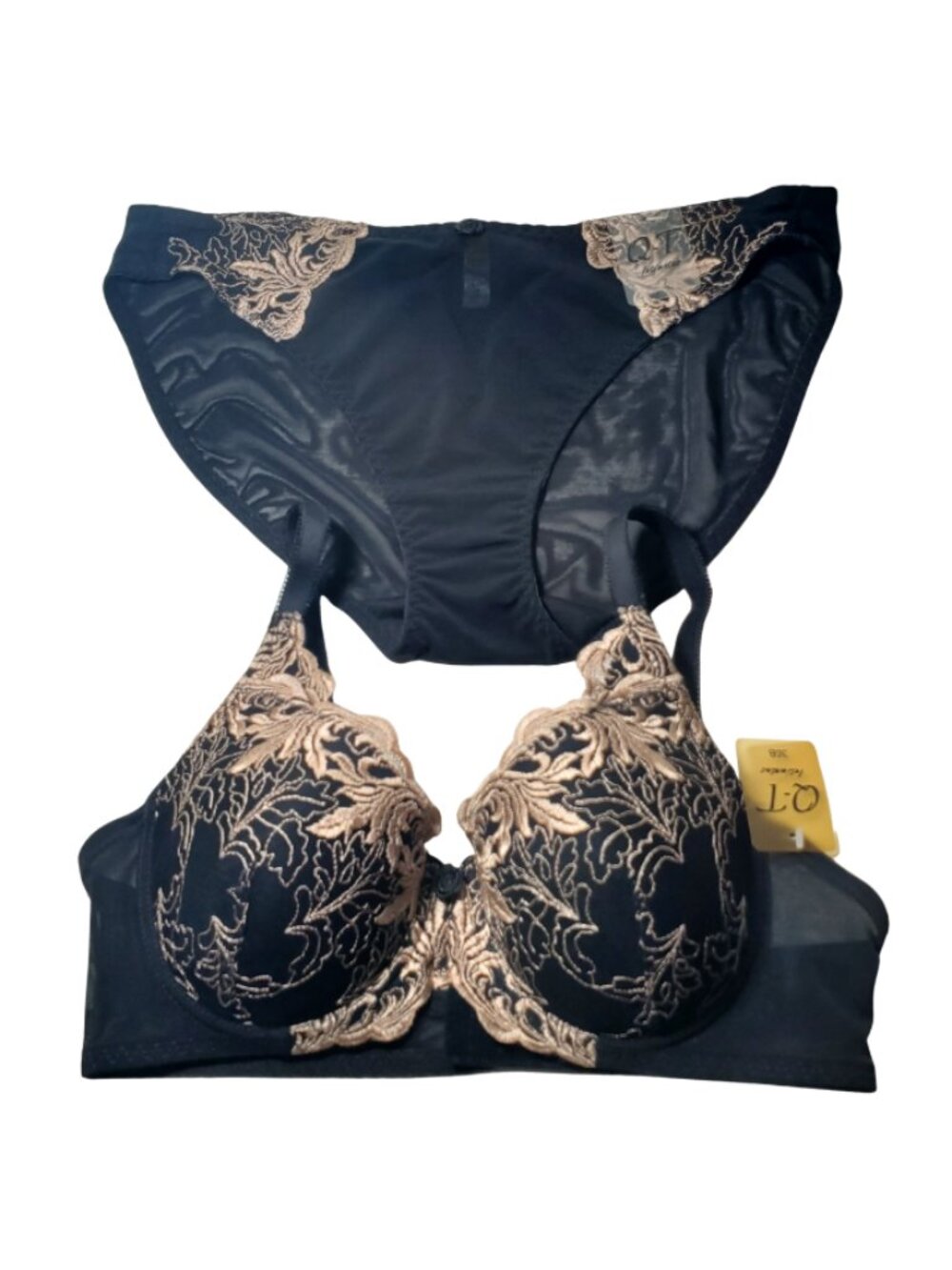 Black & Gold Bra Set 36B NWT Embroidery Lace Overlay